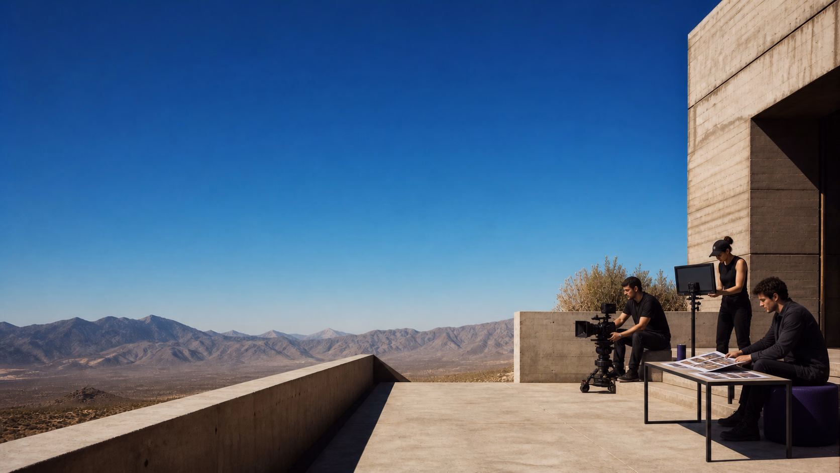 Equipo de agencia preparando una producción audiovisual en una terraza de concreto frente a montañas