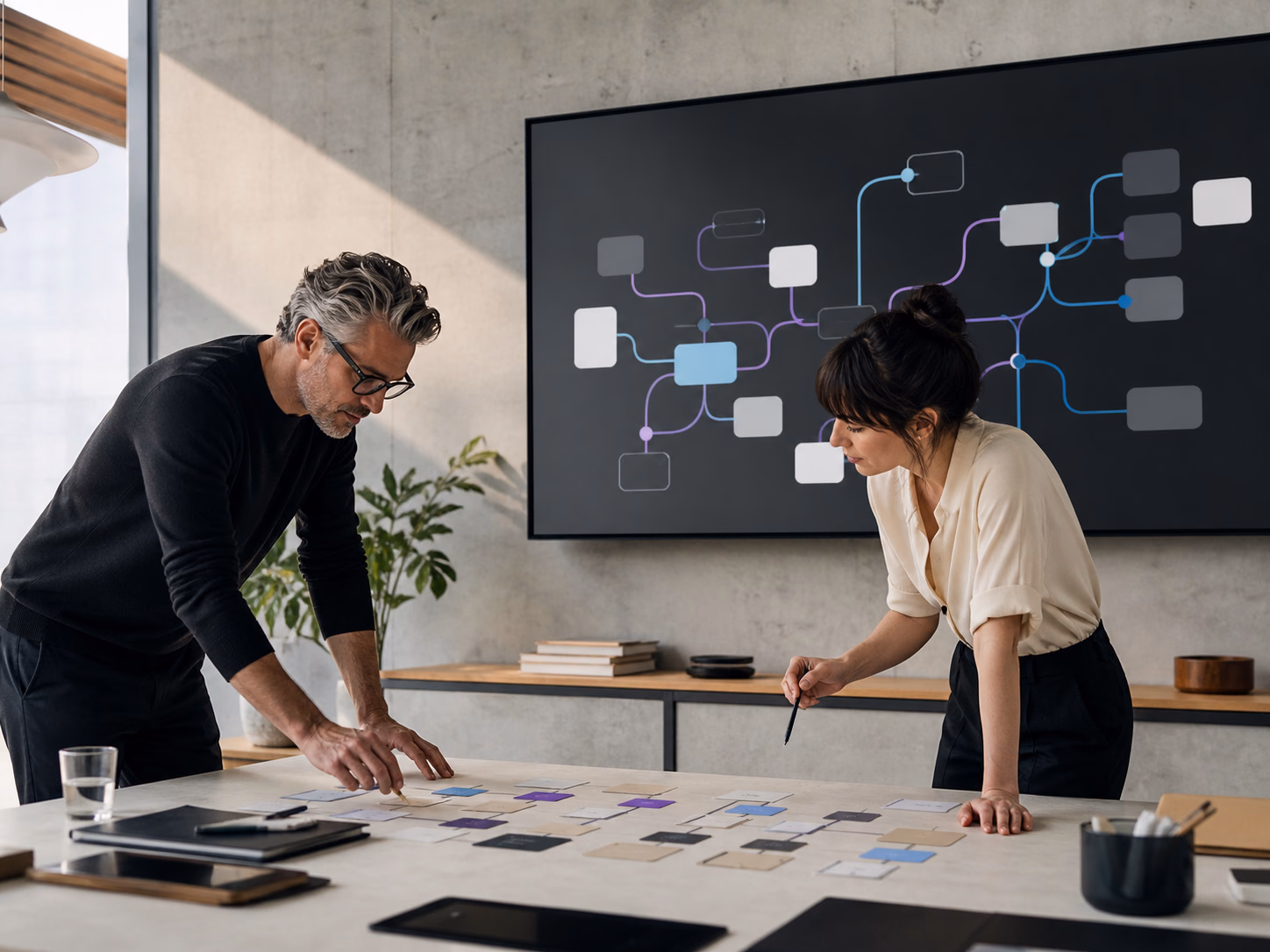 Equipo diseñando un flujo de automatización frente a un mapa de nodos