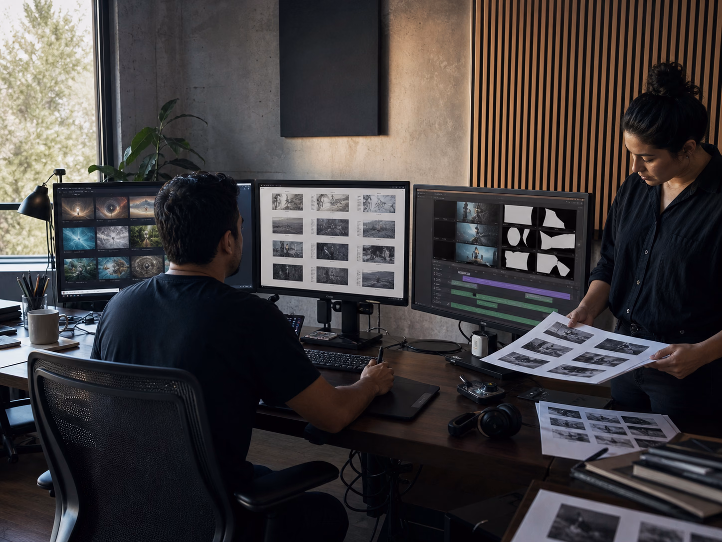 Equipo creativo trabajando con variantes, storyboards y edición audiovisual en tres pantallas