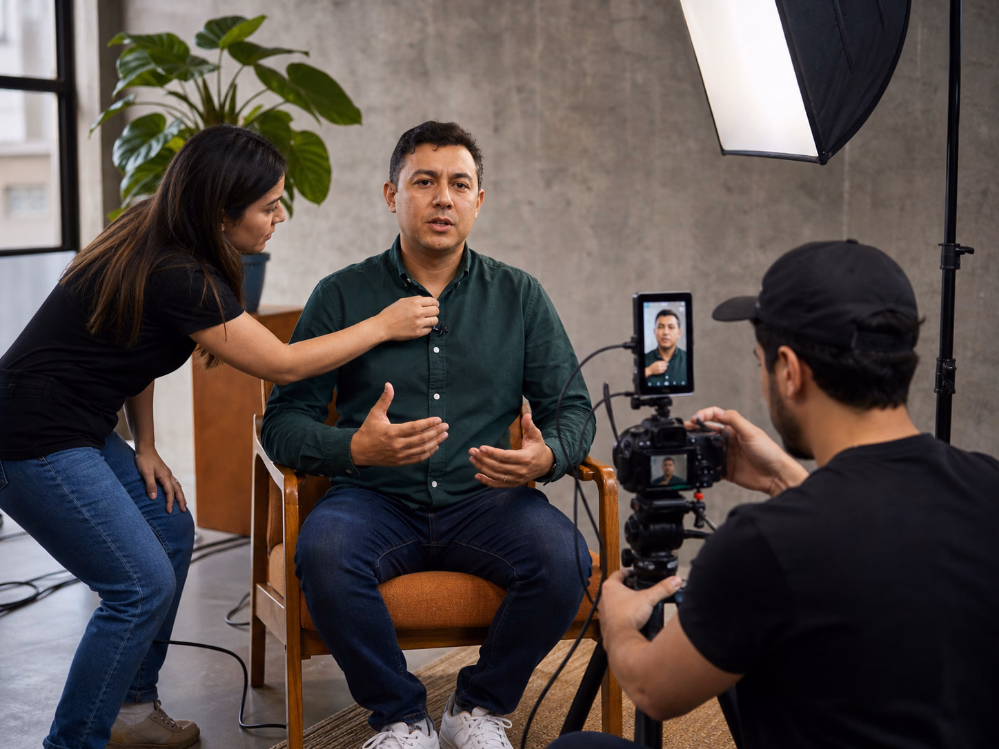 Equipo grabando a una persona que habla a cámara para producir contenido vertical