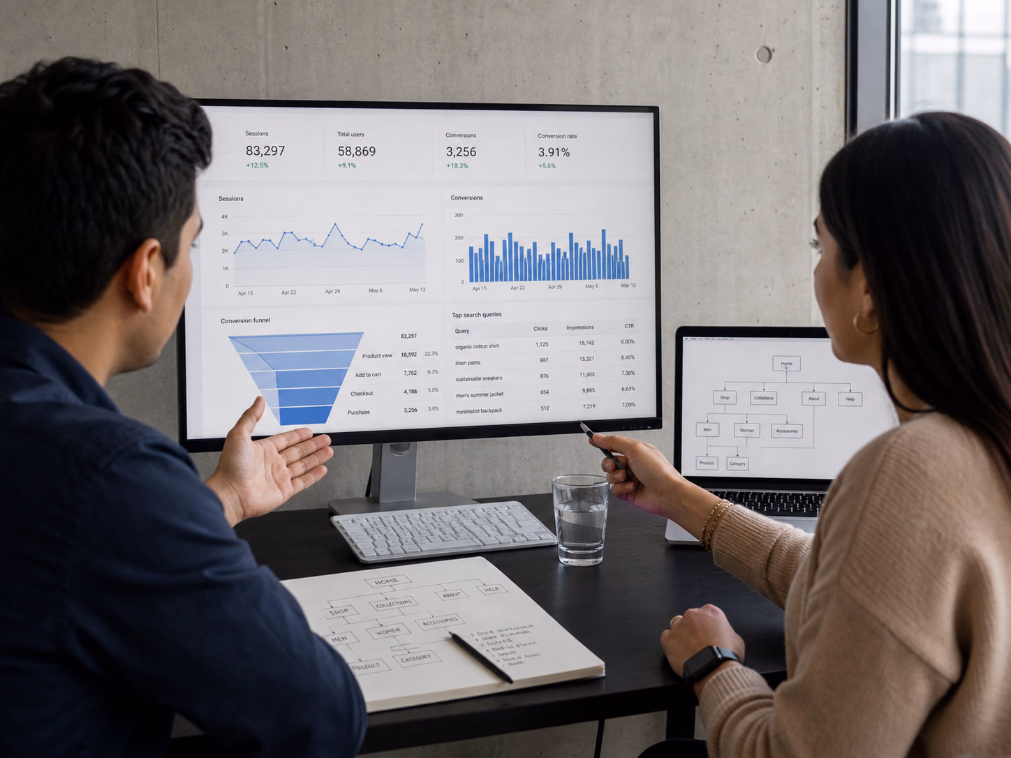 Equipo revisando gráficas de tráfico, conversiones, consultas y arquitectura de un sitio web